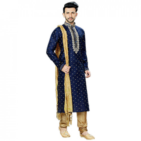 Mens Royal Blue Jacquard Kurta Churidar Set