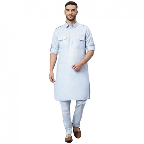 Mens Simple Sky-Blue Pathani Suit