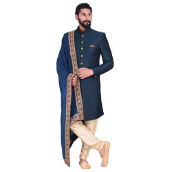 Navy Blue Quilted Silk Sherwani