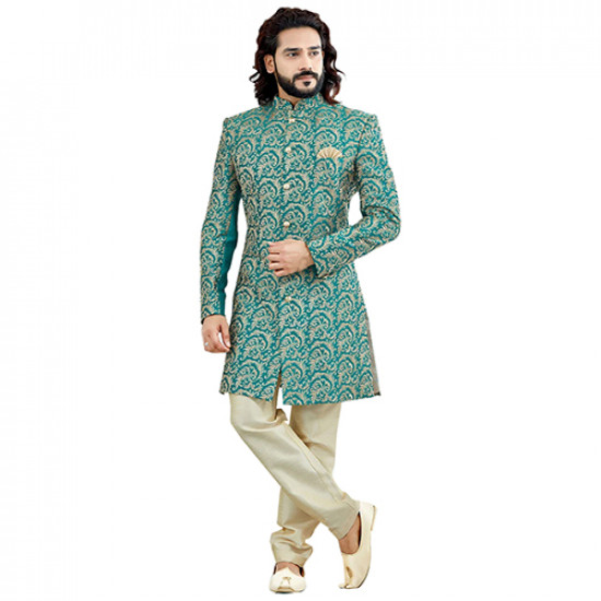 Turquoise Green Art Silk Sherwani